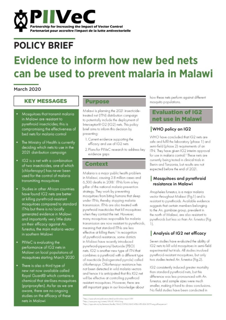 Evidence to Inform How New Bed Nets Can Be Used to Prevent Malaria in Malawi African Institute